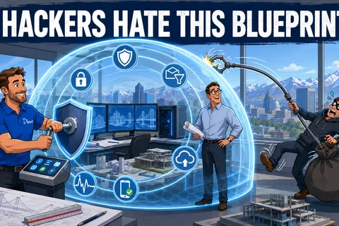 Illustration of digital security blueprint protecting engineers from a hacker caught by a robotic arm in an office.