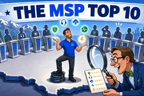 Illustration of a man juggling tech icons on a Texas map with a judge evaluating MSP Top 10 contestants.
