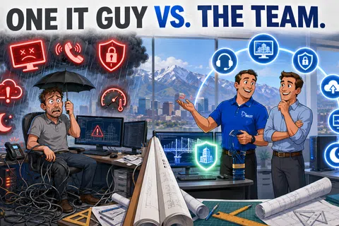 Illustration contrasting one overwhelmed IT worker with a chaotic desk and a confident IT team managing smooth operations.