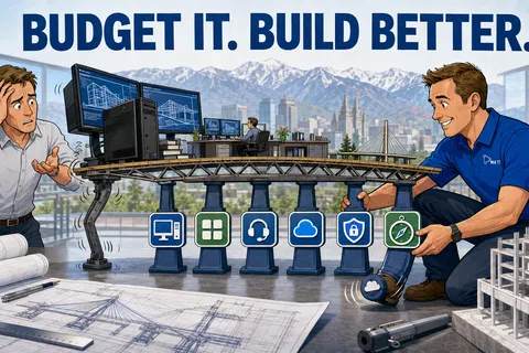 Two men working on a detailed bridge model with computer designs and office backdrop under Budget It. Build Better slogan.