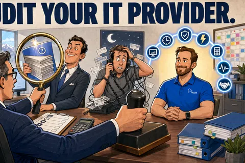 Businessman auditing IT providers showing stressed and confident workers with technology icons and paperwork at office desk.