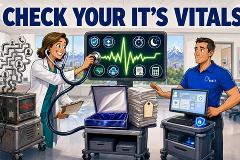 IT professional and technician checking network health with digital vitals display in modern office.