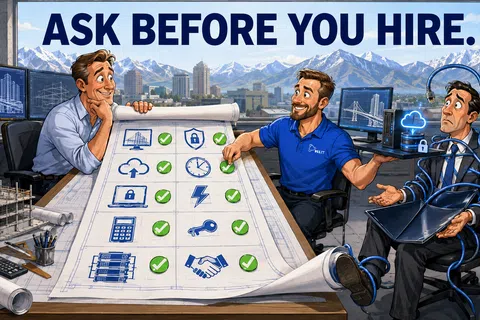 Three men in office discussing project checklist with green checkmarks under Ask Before You Hire slogan