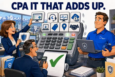 CPA IT team collaborates with digital security tools and devices in a modern office with city and mountain views.
