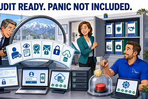 Three professionals demonstrating audit readiness with secure data and technology in a modern office with mountain view.