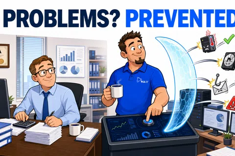 IT professional preventing office computer problems with a shield blocking overheating, virus, email, and warning alerts