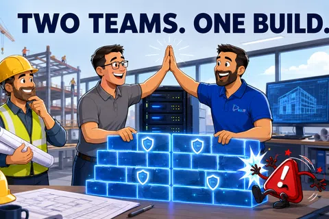 Construction and IT professionals collaborate with digital security blocks and alert symbol disabled, symbolizing teamwork.