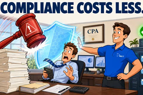 Illustration of a stressed man shielded from a gavel by another man representing compliance and IT security in an office.