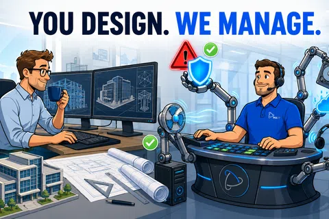 Designer works on architectural plans while AI-powered assistant manages project with robotic arms and digital controls.