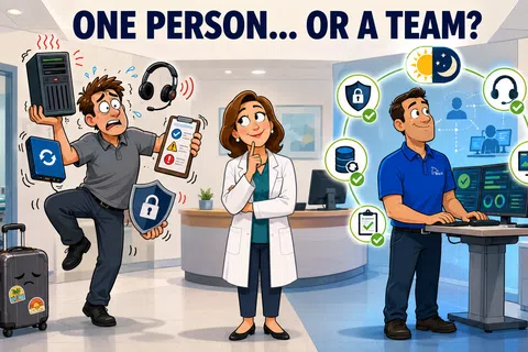Confused man multitasking with tech devices, thoughtful woman in center, confident man using computer with secure system icons.