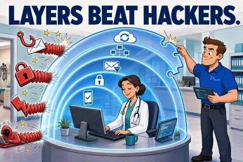Doctor protected by layered digital security shield blocking hackers in a modern medical office environment.