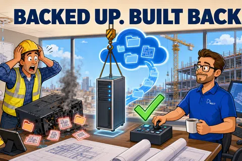 Construction worker panics over damaged computer as data backs up securely to cloud with engineer confirming success.
