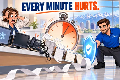 Cartoon showing stressed woman and man protecting paperwork with shield under text Every Minute Hurts in medical office.