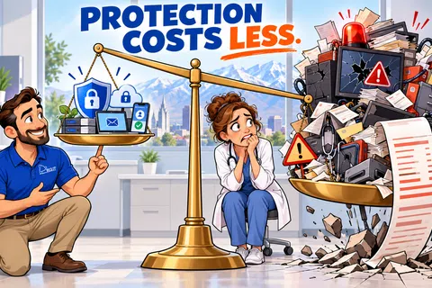 Illustration showing a balanced scale with digital security icons outweighing a pile of chaotic papers and broken equipment.