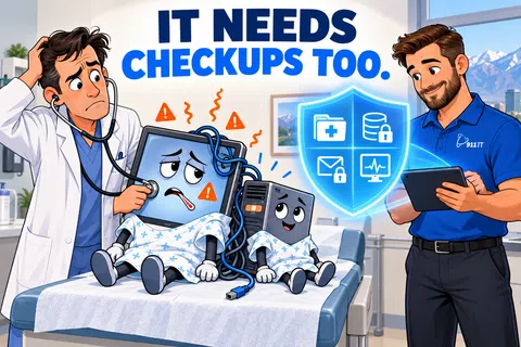 Cartoon of a doctor examining sick computer devices with IT technician showing digital security check icons.