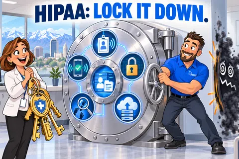 Illustration of a man locking a vault door labeled HIPAA with digital security icons and a woman holding large keys in an office.