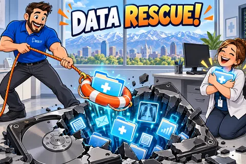 IT technician rescues medical data from a broken hard drive using a lifebuoy in an office setting.
