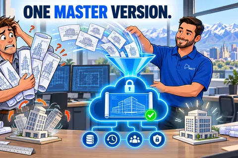 Two men managing architectural blueprints with one uploading to cloud for one master version and improved building model.