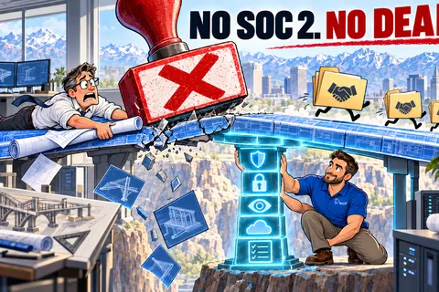 Dramatic scene of man blocking a broken bridge with a giant stamp marked X and another man supporting it from below with security icons.