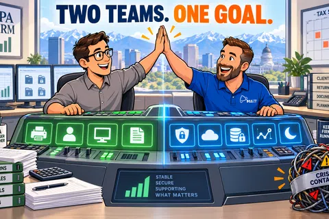 Two colleagues high-five over desks filled with papers and monitors showing financial and security icons, symbolizing teamwork.