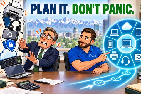 IT professional calmly showing a panic-stricken businessman a digital plan for secure tech management at office desk.