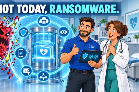 Healthcare professionals protect medical data from ransomware attack using digital security shield in hospital.