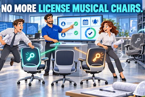 Office workers playing a musical chairs game with glowing key icons on chairs symbolizing license management.