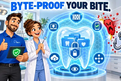 Man and dentist with digital shield protecting a tooth from malware and phishing in a dental office.