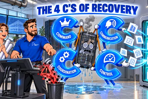 The 4 Cs of Recovery: Command, Communication, Coordination, Control illustrated by animated Cs and distressed server in office.