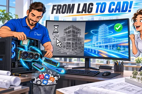 Man upgrading PC components to improve CAD performance while woman excitedly watches architectural 3D model render on screen