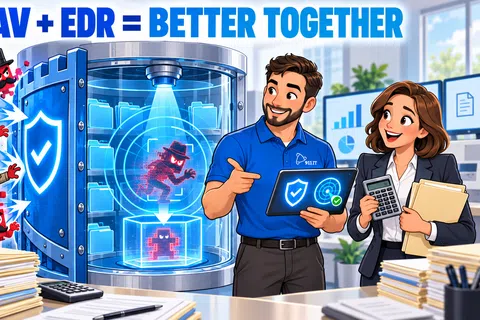 Two professionals analyze digital shield protecting files from malware inside a secure vault in office setting.