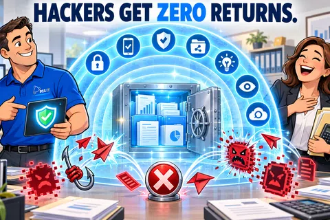 Illustration of secure data vault protecting files from hackers with IT expert and happy woman in office setting.