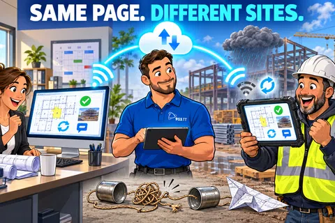 Three professionals collaborate remotely using digital devices to share construction site plans in real time.