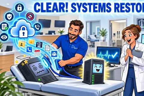 Tech specialist restores a happy server from a failing one in a modern medical office with digital icons and doctor.