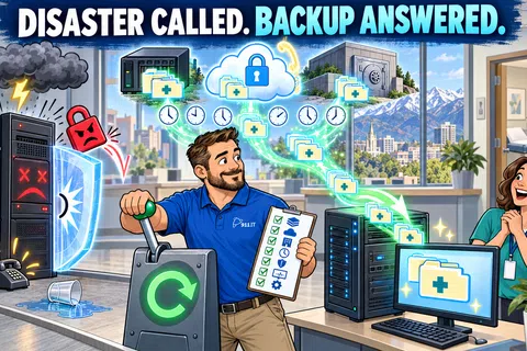 Tech professional uses backup system to recover data from a failing server, securing files and restoring service.