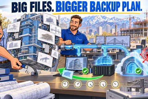 Illustration showing secure backup plan for large architectural files with data transfer and cloud protection.