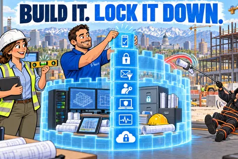Construction workers secure digital data with a blue shield wall protecting blueprints and servers from a caught hacker.