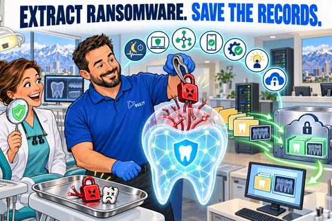 IT specialist removes ransomware from digital dental records protecting patient data in a modern dental clinic.