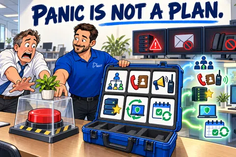 Man in blue shirt calmly showing emergency plan icons while another panicked man reaches for red button in office