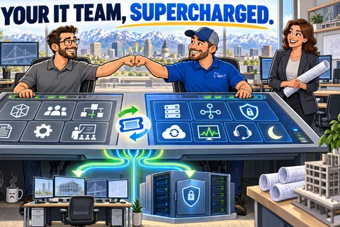 Two IT professionals fist bump over futuristic digital workspace with building models and cityscape background.