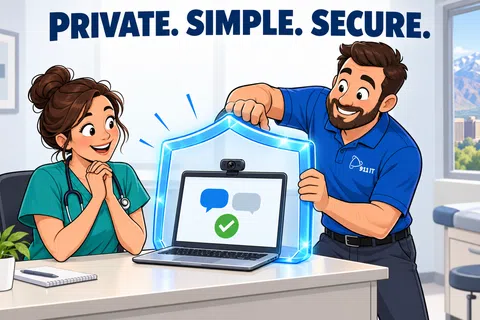 Healthcare professional and technician showcase secure, private, and simple online communication with a glowing shield around a laptop.