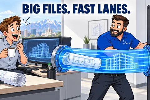Two men transfer large architectural blueprints digitally with fast data cables in a modern office setting.