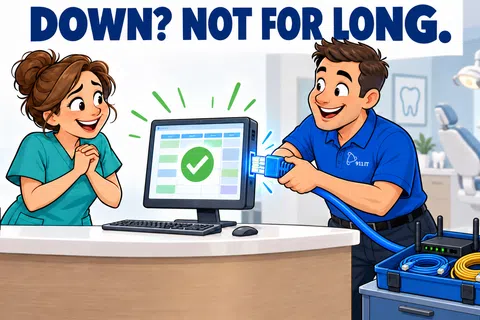 IT technician fixes computer with network cables while medical staff watches happily at dental clinic.