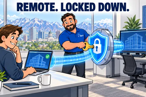 Two men securing architectural designs on laptop and desktop with digital lock shield and cityscape background.