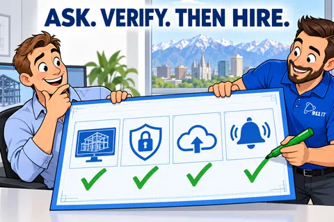 Two men holding blueprint with icons for building, security, cloud, and alerts, with text Ask. Verify. Then Hire.