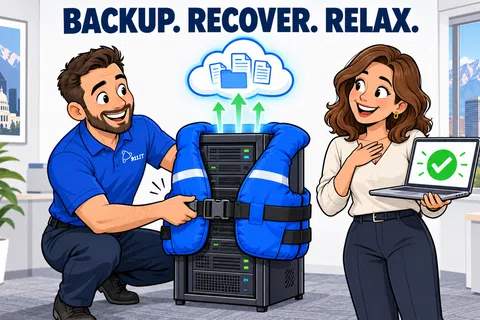 Technician secures server with life jacket symbolizing data protection while woman shows laptop with backup success check.