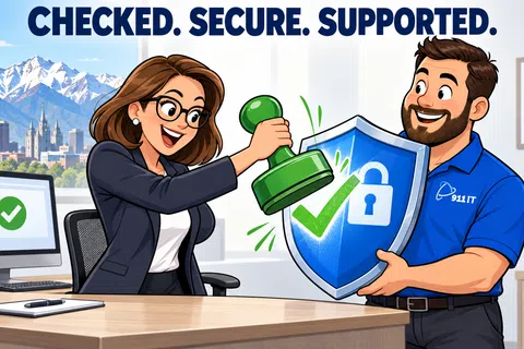 Woman stamping a green checkmark on a blue shield held by a man in an office emphasizing security and support.