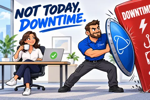 Man blocks a red downtime block with a shield while a woman works smoothly on her laptop in an office.
