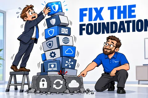 Businessman struggles to balance security icons atop a cracked foundation as a tech expert points to the flaw to fix it.