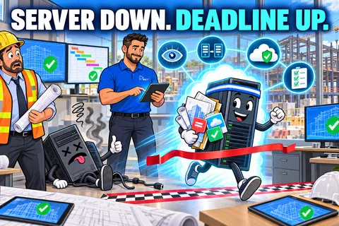 Animated scene of a worried construction worker, broken server, and a happy server mascot meeting a project deadline on time.
